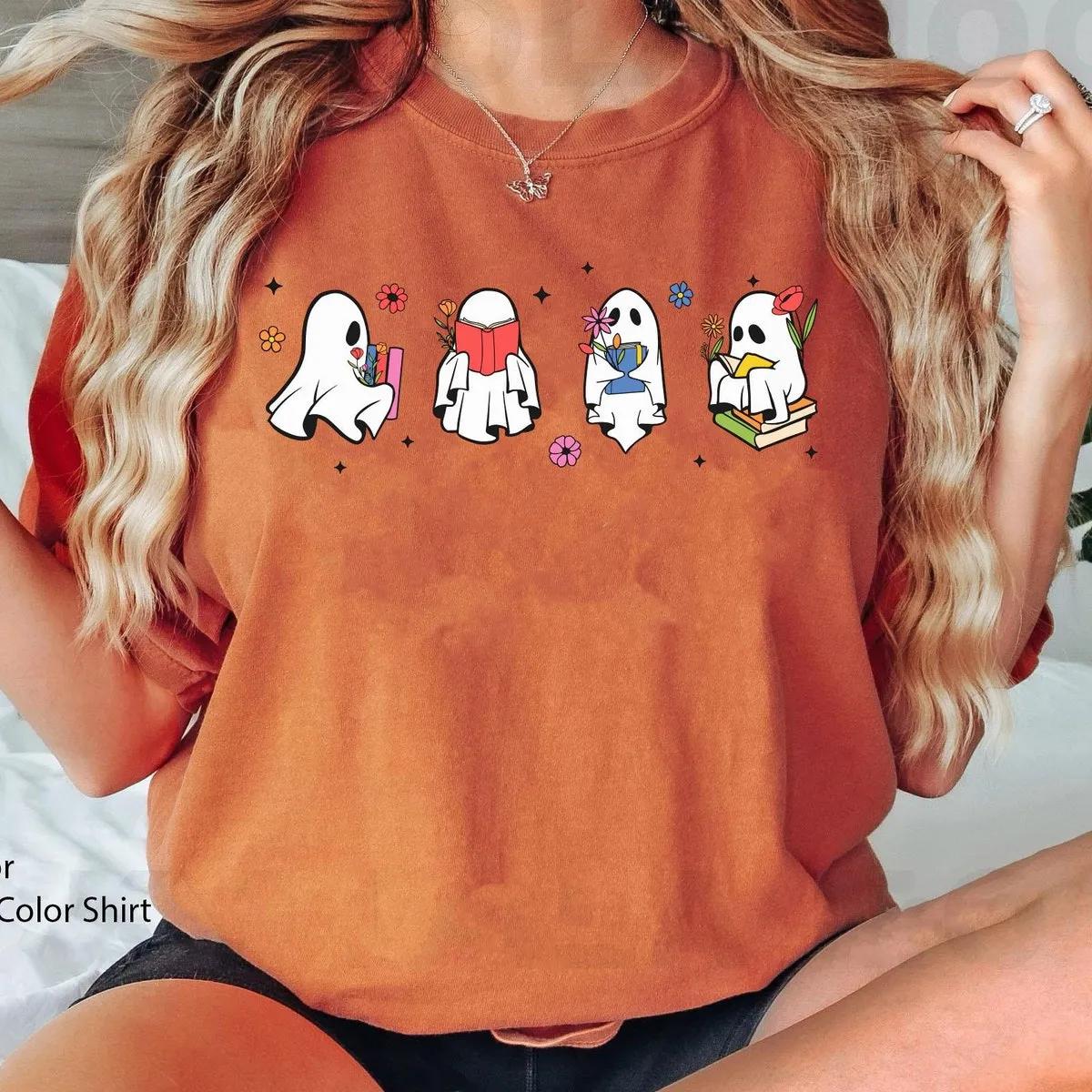 Boo Ghost Reading Books Halloween Shirt 5