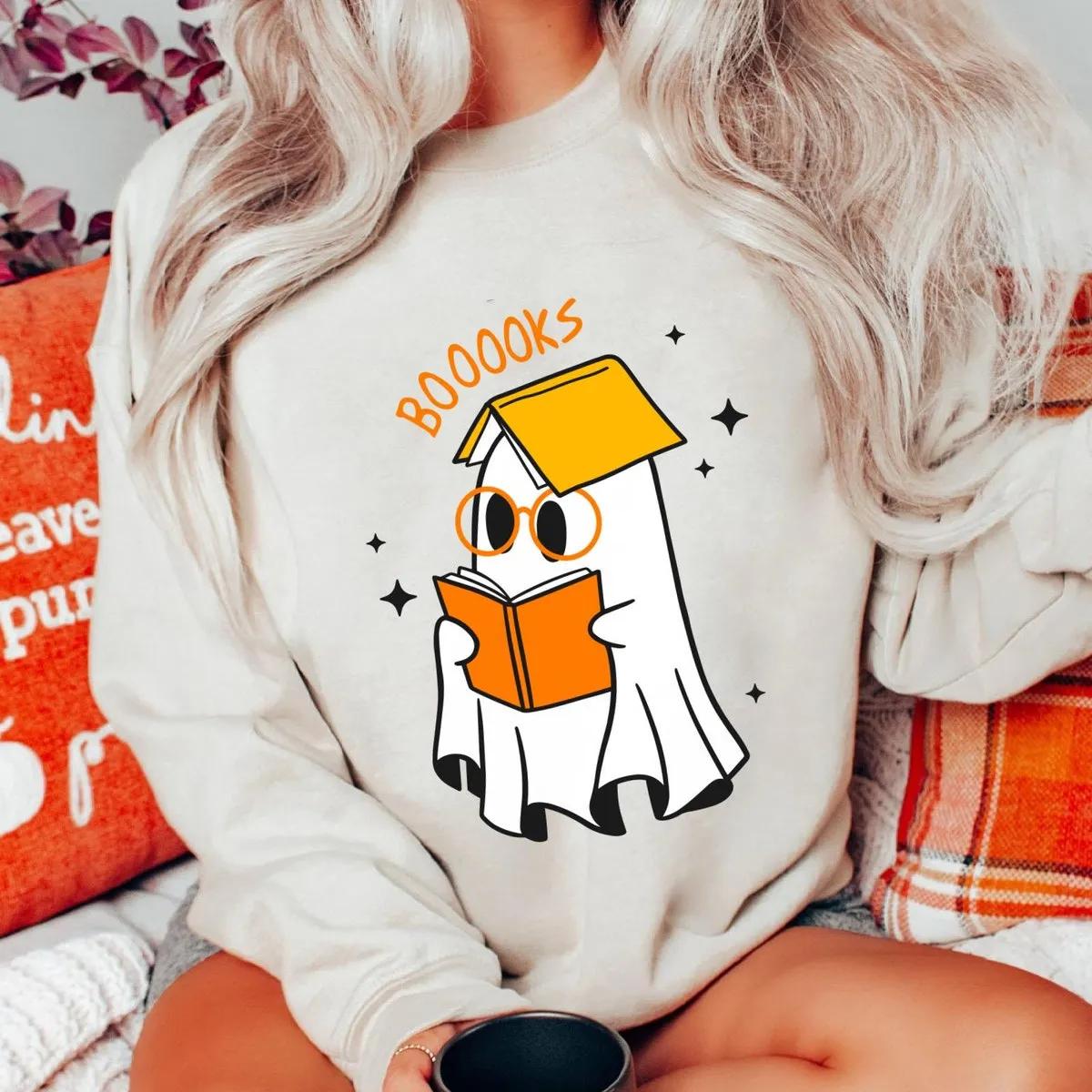 Boo Ghost with Books Halloween Shirt 1