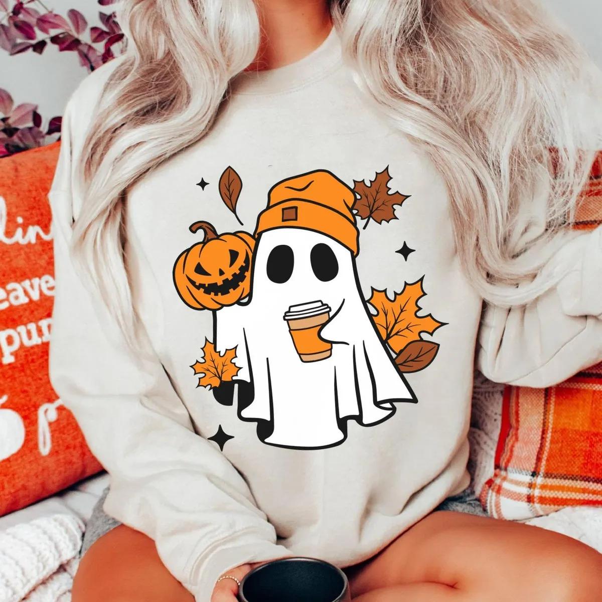 Boo Ghost with Coffee And Pumpkin Halloween Shirt 1