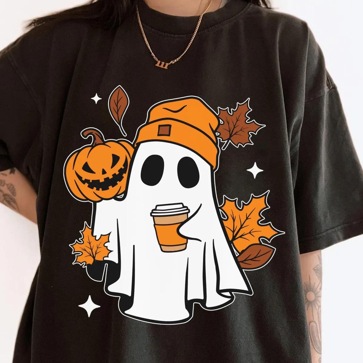 Boo Ghost with Coffee And Pumpkin Halloween Shirt 2