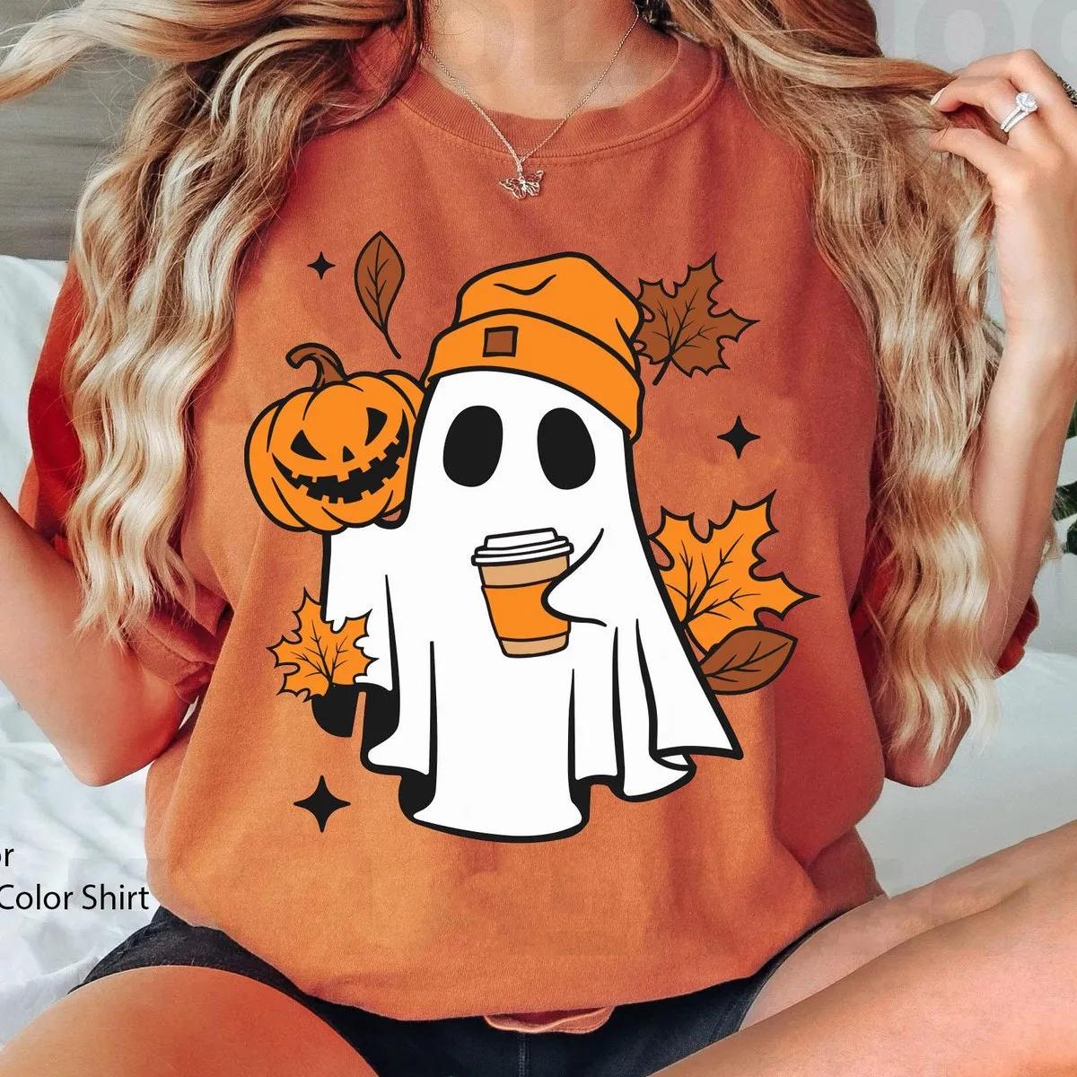 Boo Ghost with Coffee And Pumpkin Halloween Shirt 3