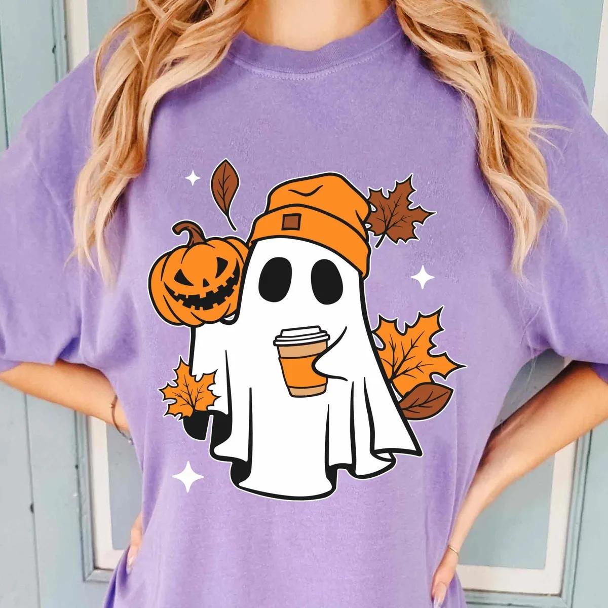 Boo Ghost with Coffee And Pumpkin Halloween Shirt 4