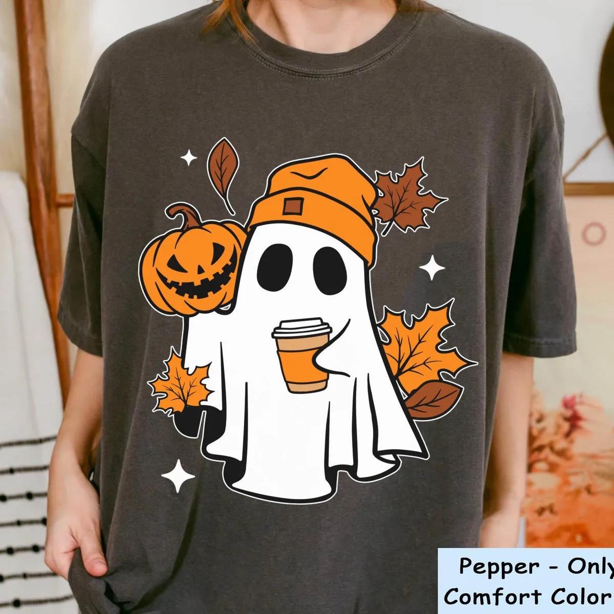 Boo Ghost with Coffee And Pumpkin Halloween Shirt 5