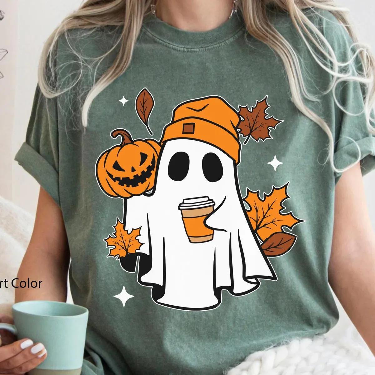 Boo Ghost with Coffee And Pumpkin Halloween Shirt 6