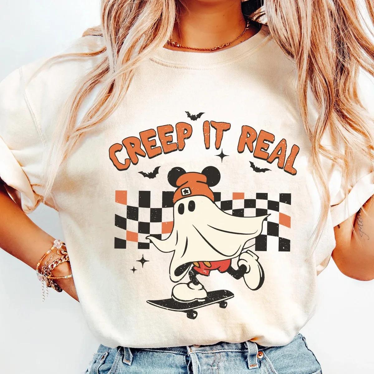 Checkered Mickey Mouse Ghost Skateboarding Creep It Real Halloween Shirt 2