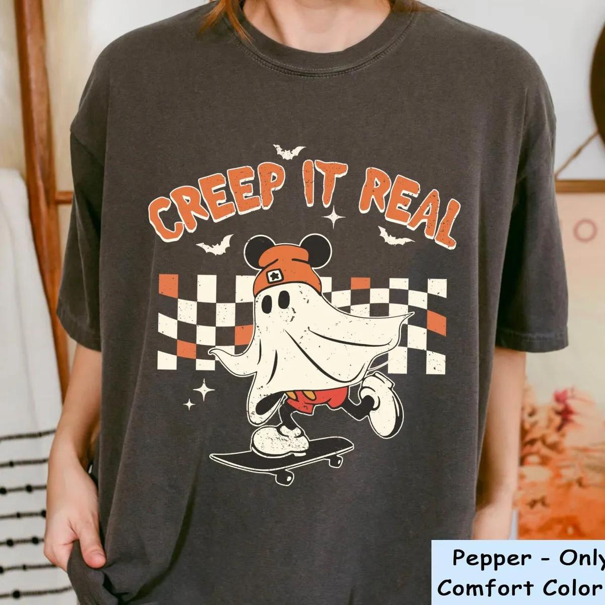 Checkered Mickey Mouse Ghost Skateboarding Creep It Real Halloween Shirt 3