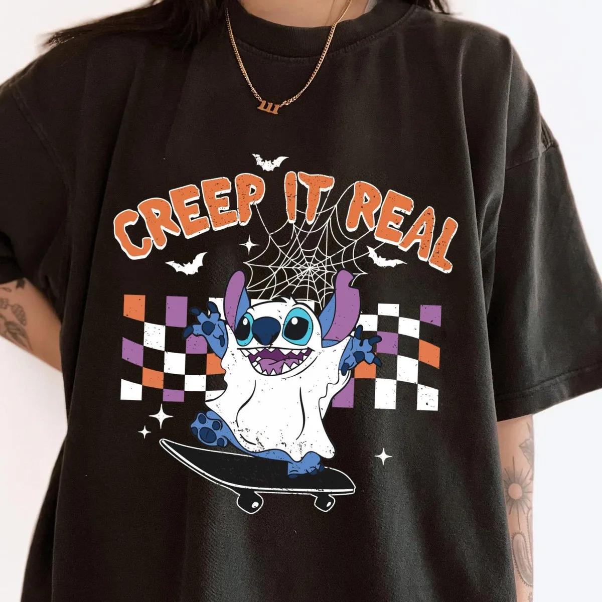 Checkered Stitch Ghost Skateboarding Creep It Real Halloween Shirt 1