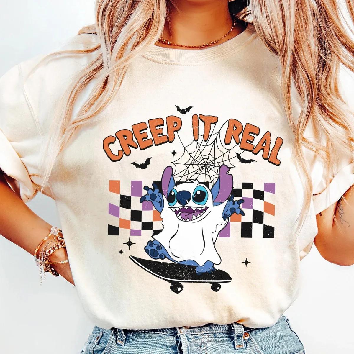 Checkered Stitch Ghost Skateboarding Creep It Real Halloween Shirt 2