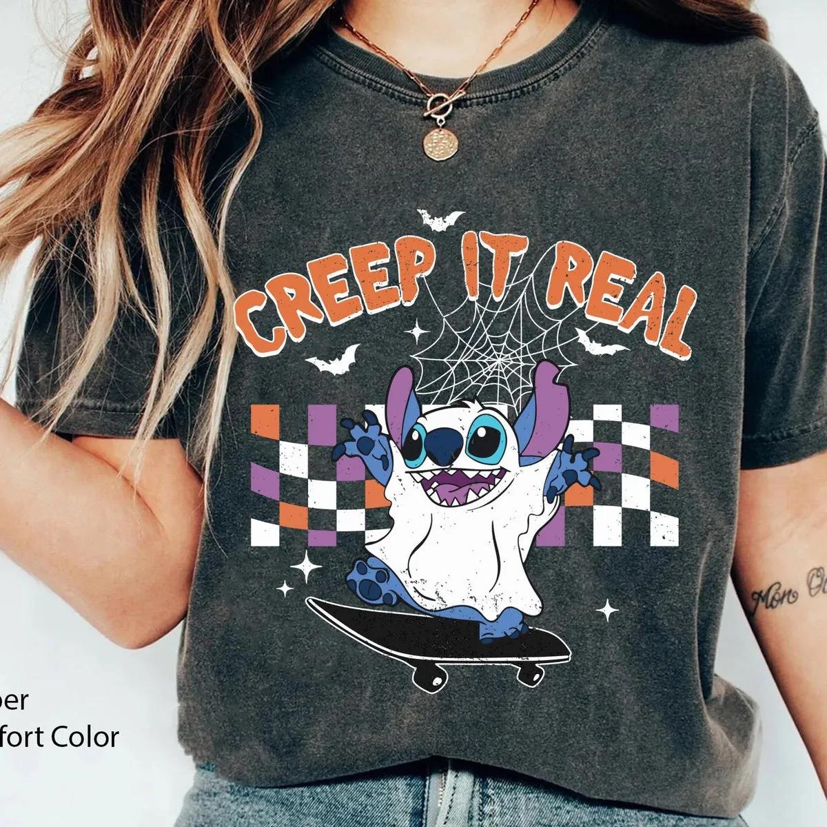 Checkered Stitch Ghost Skateboarding Creep It Real Halloween Shirt 3