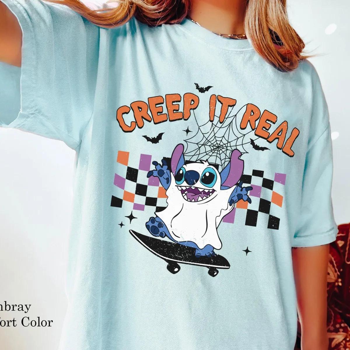 Checkered Stitch Ghost Skateboarding Creep It Real Halloween Shirt 4