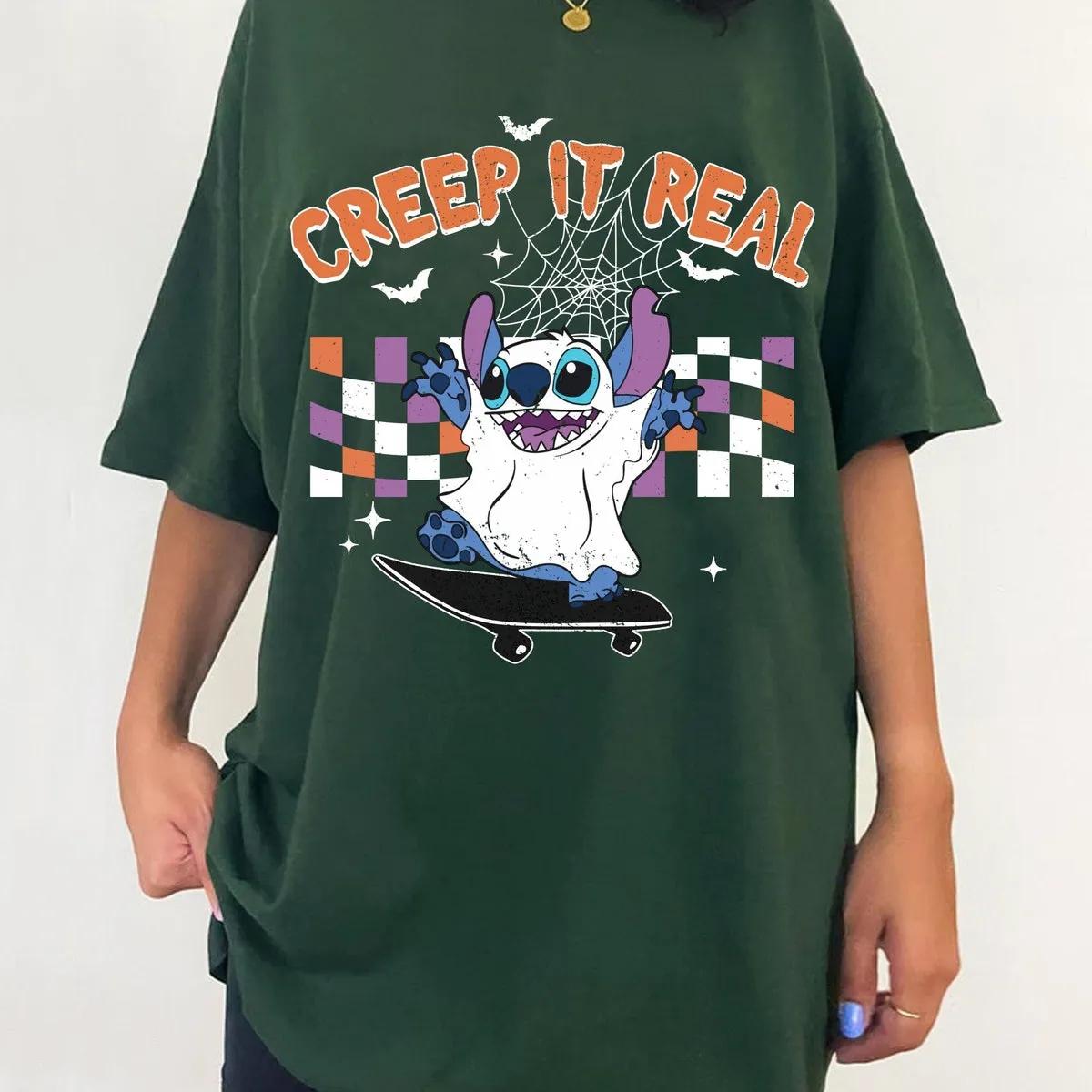 Checkered Stitch Ghost Skateboarding Creep It Real Halloween Shirt 5