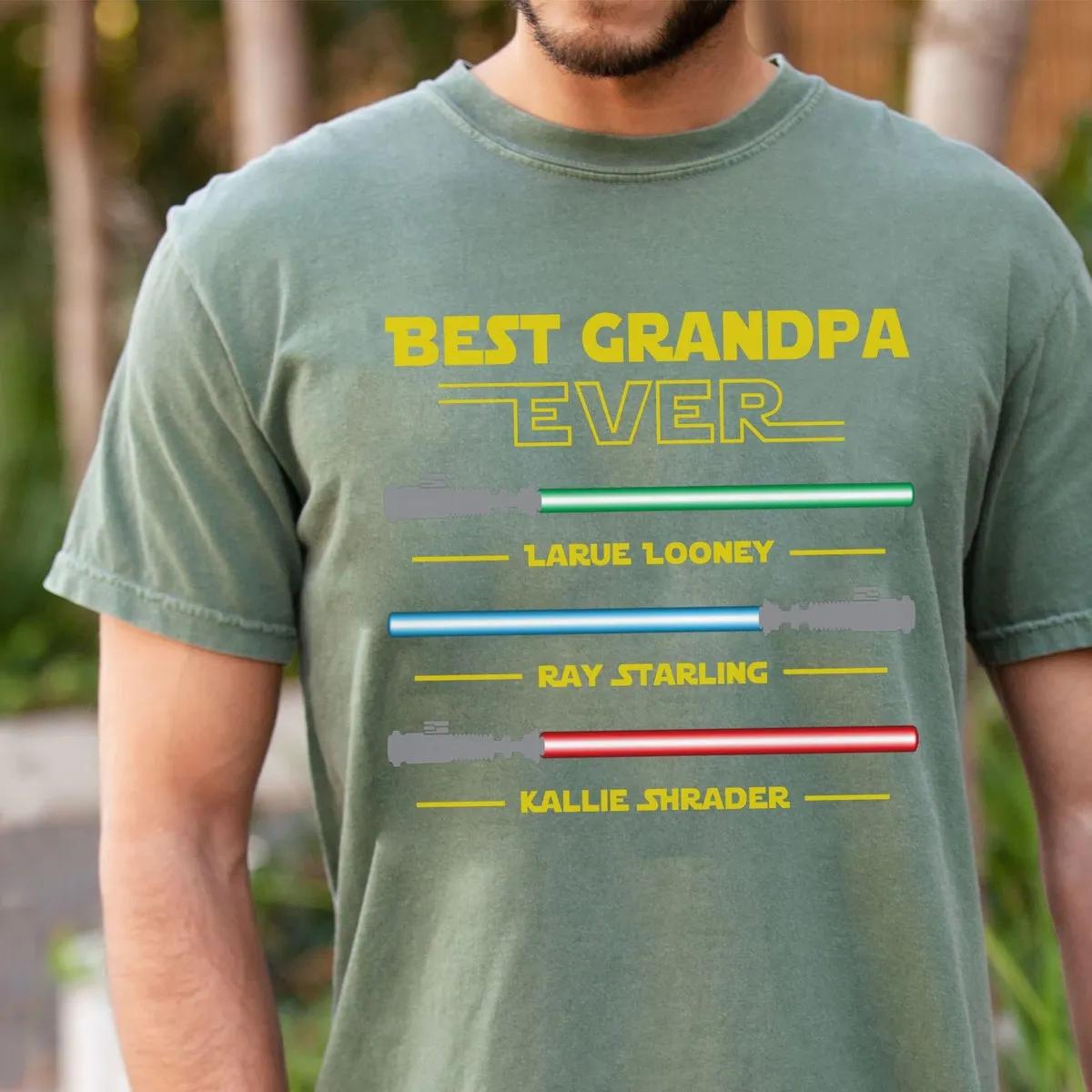 Custom Grandkids Name With Lightsaber Best Grandpa Ever Shirt 3