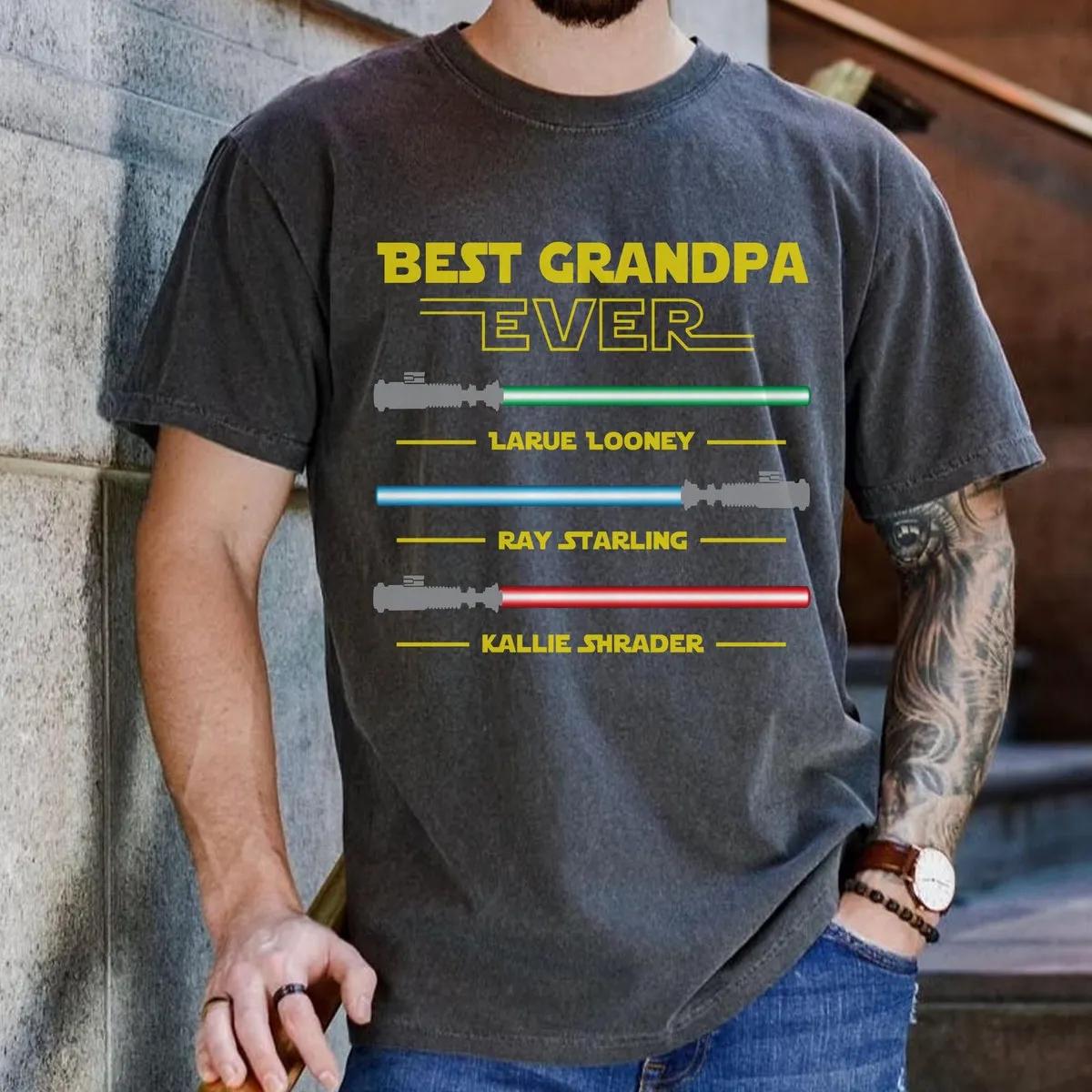 Custom Grandkids Name With Lightsaber Best Grandpa Ever Shirt 4