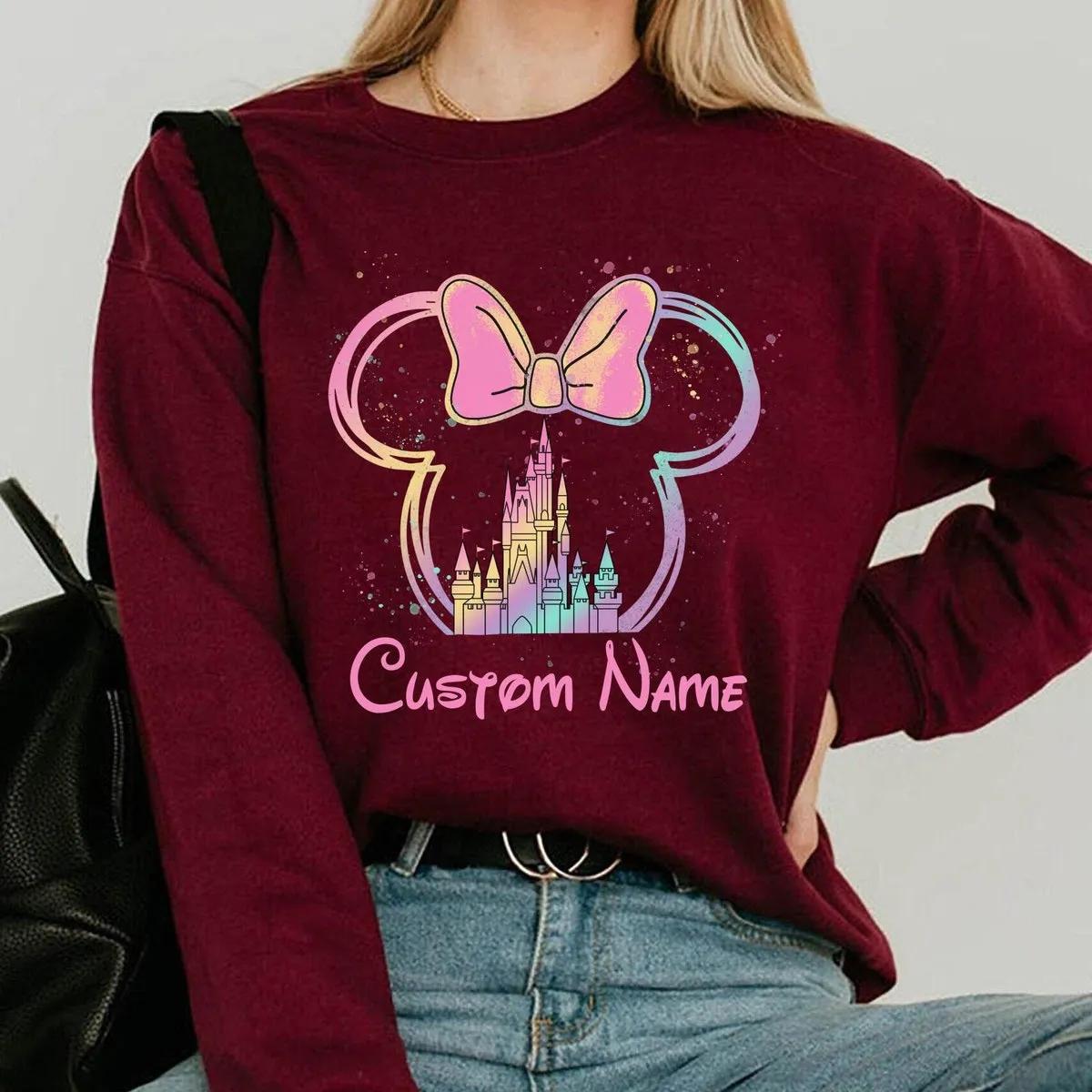 Custom Name Watercolor Castle Minnie Mouse Pastel Shirt 2