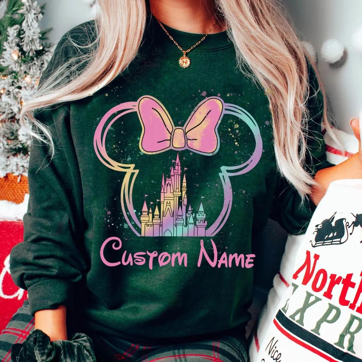 Custom Name Watercolor Castle Minnie Mouse Pastel Shirt 3