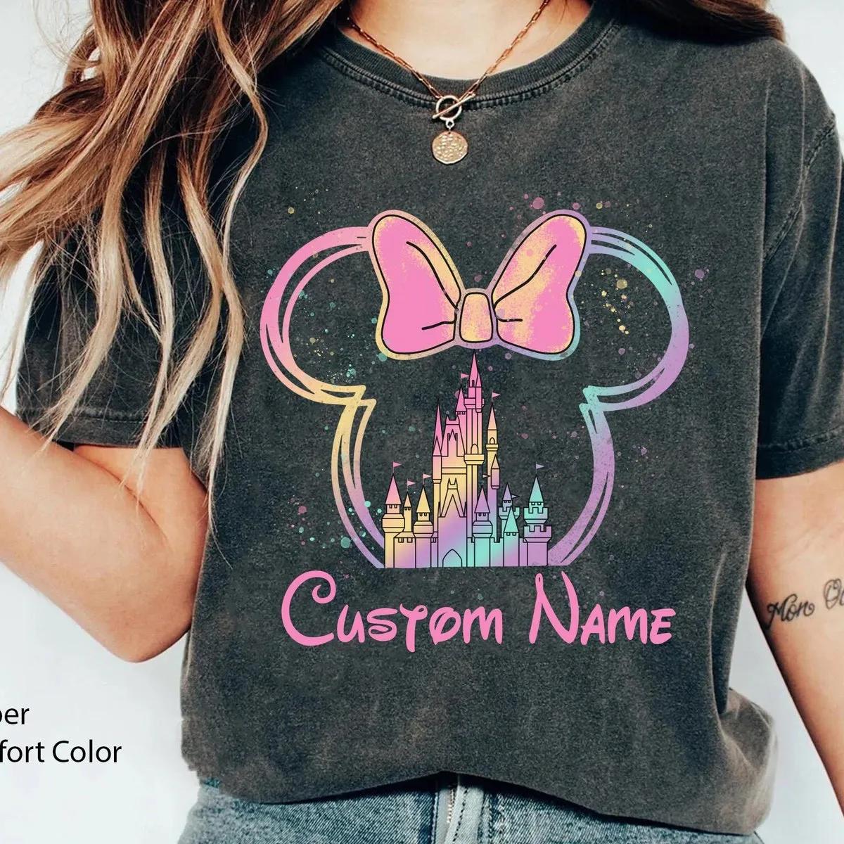 Custom Name Watercolor Castle Minnie Mouse Pastel Shirt 4