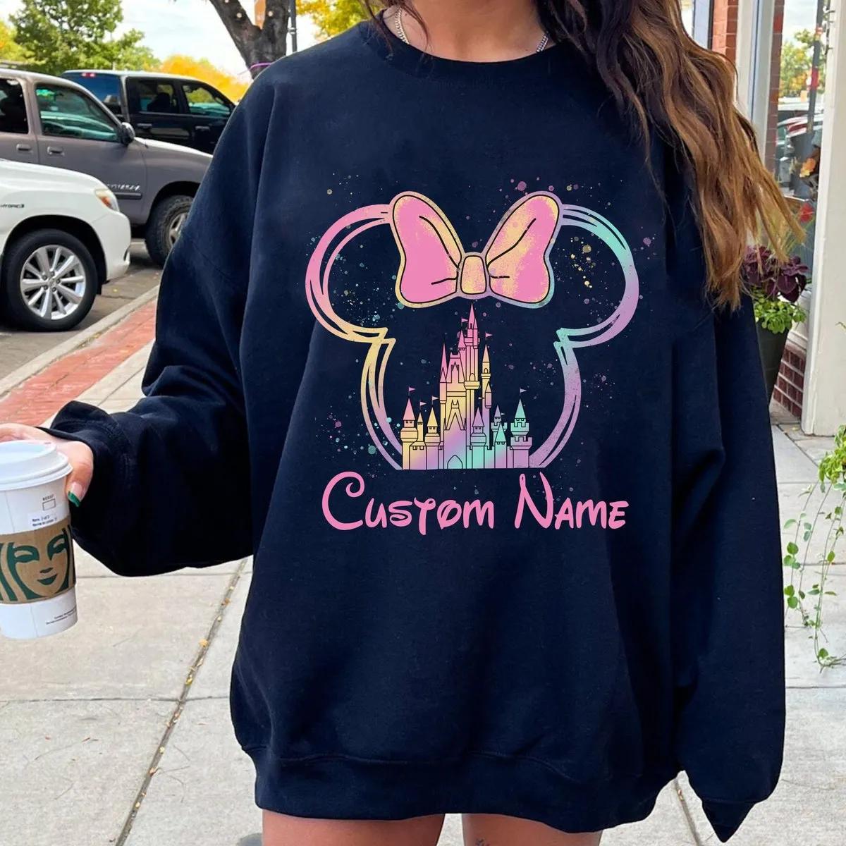 Custom Name Watercolor Castle Minnie Mouse Pastel Shirt 5