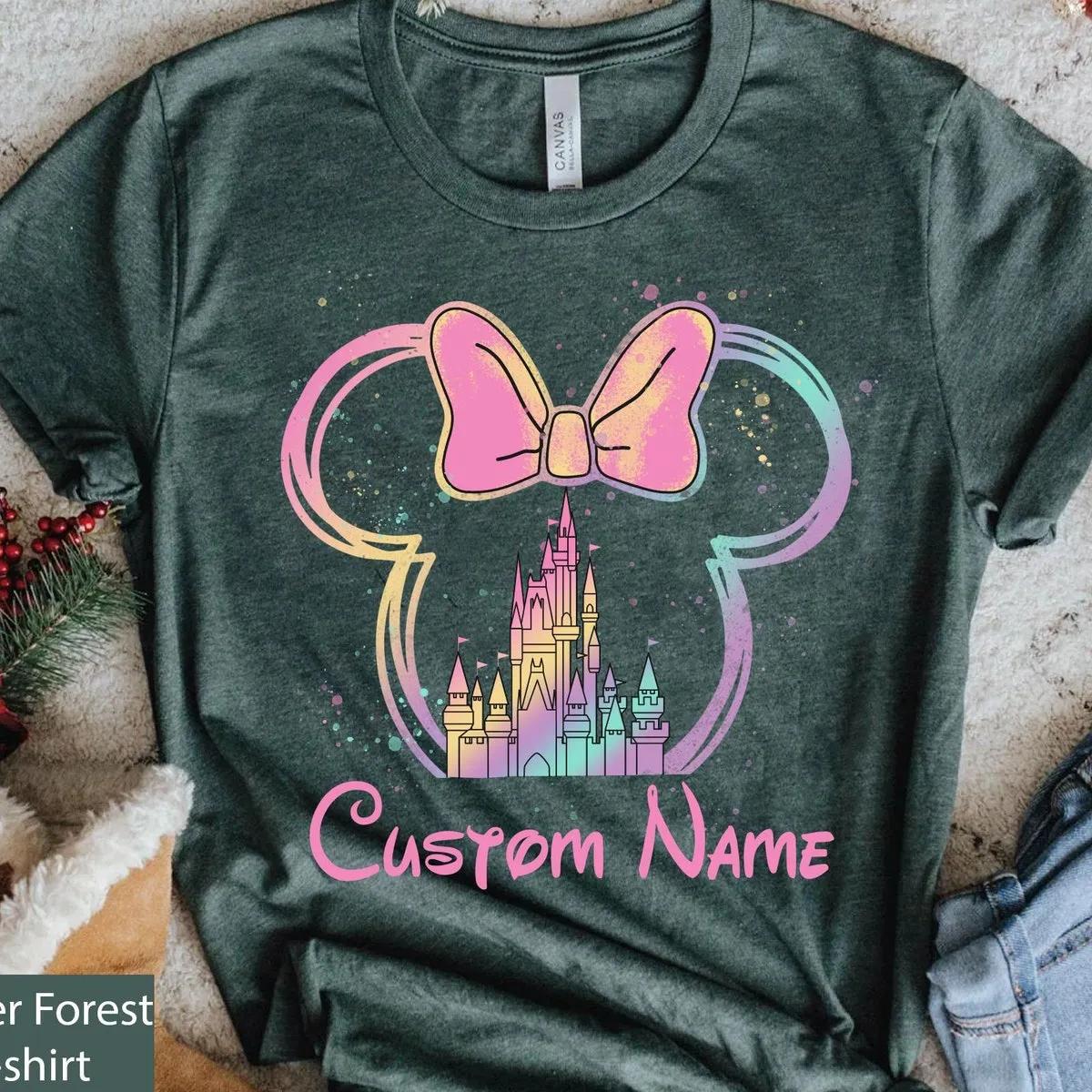 Custom Name Watercolor Castle Minnie Mouse Pastel Shirt 6