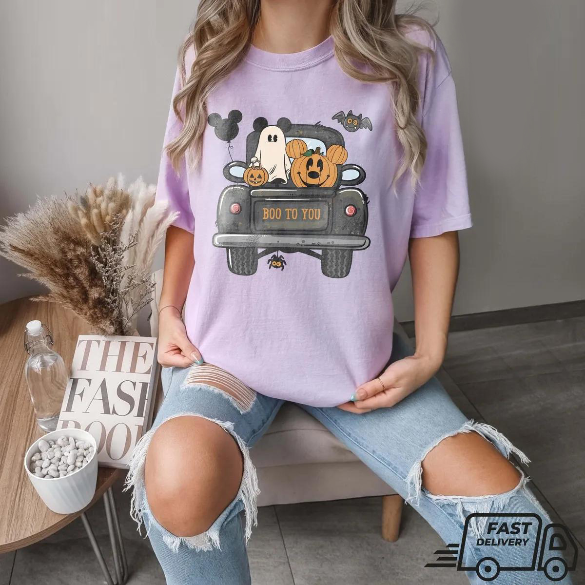 Disney Boo To You Mickey Ghost Pumpkin Truck Halloween Shirt 4