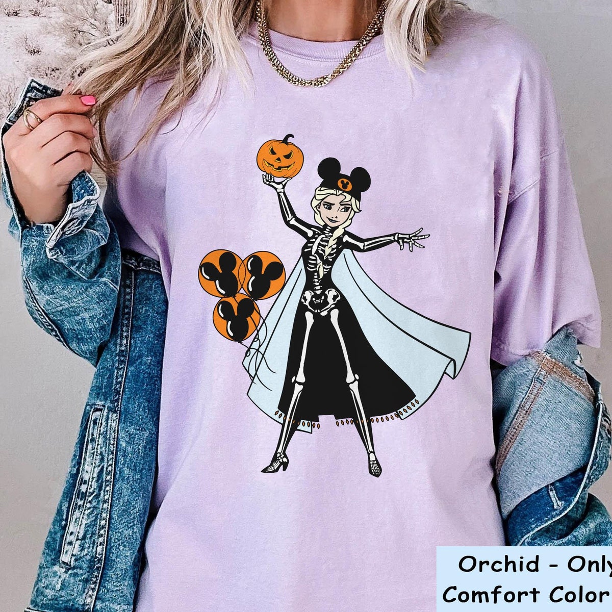 Elsa Princess Skeleton Costume with Halloween Balloon Pumpkin Disney Shirt 1 1