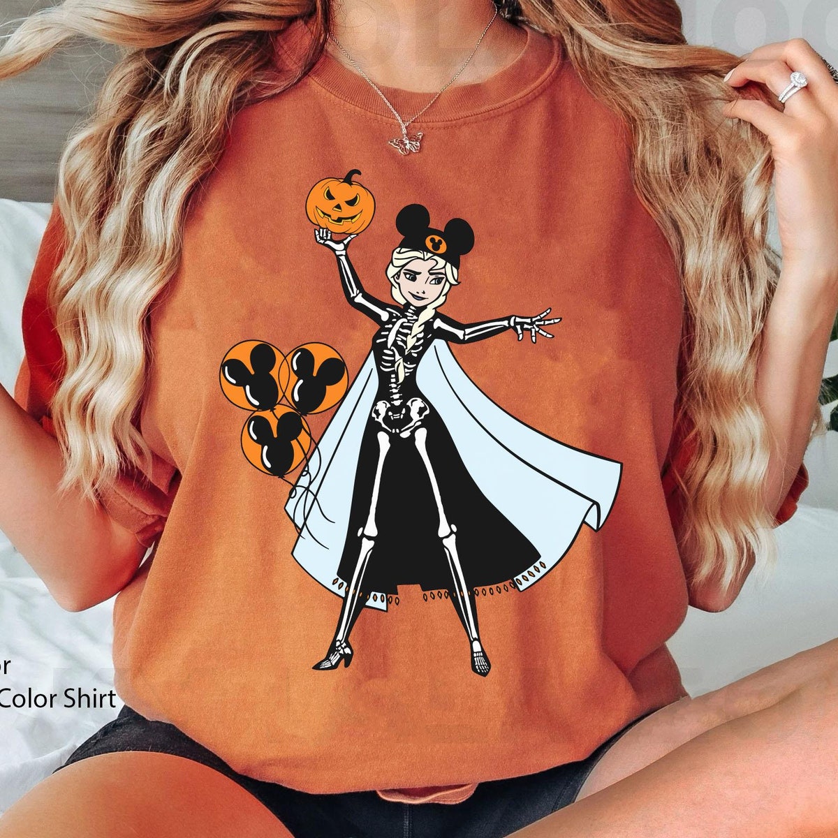 Elsa Princess Skeleton Costume with Halloween Balloon Pumpkin Disney Shirt 2 1