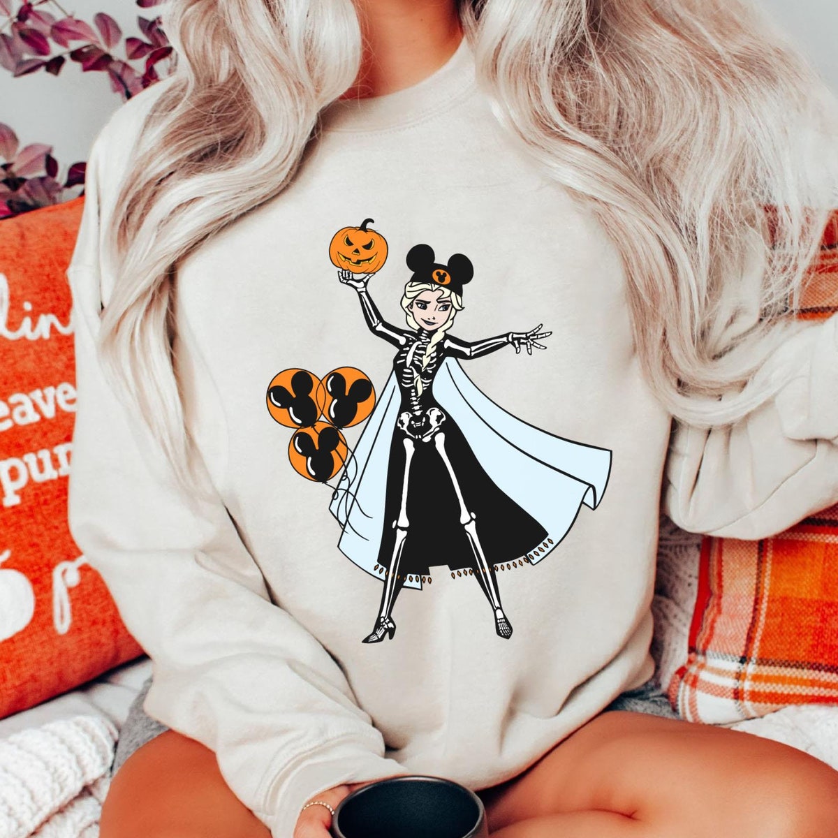 Elsa Princess Skeleton Costume with Halloween Balloon Pumpkin Disney Shirt 3 1