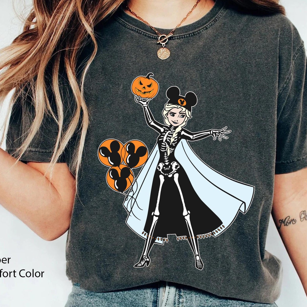 Elsa Princess Skeleton Costume with Halloween Balloon Pumpkin Disney Shirt 4 1