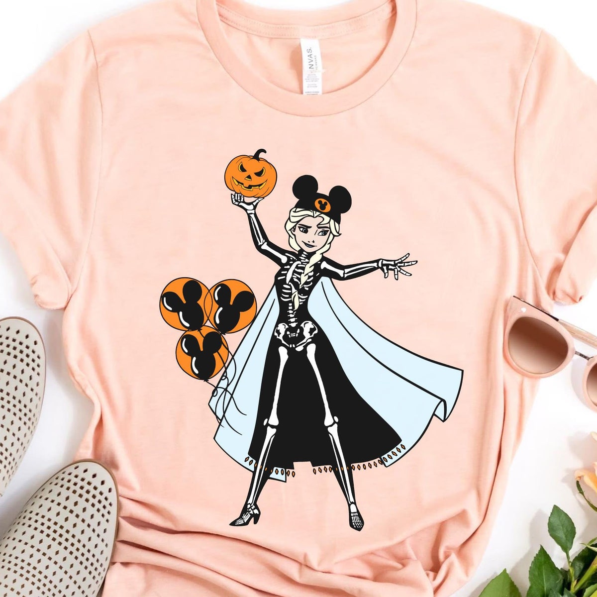 Elsa Princess Skeleton Costume with Halloween Balloon Pumpkin Disney Shirt 5 1