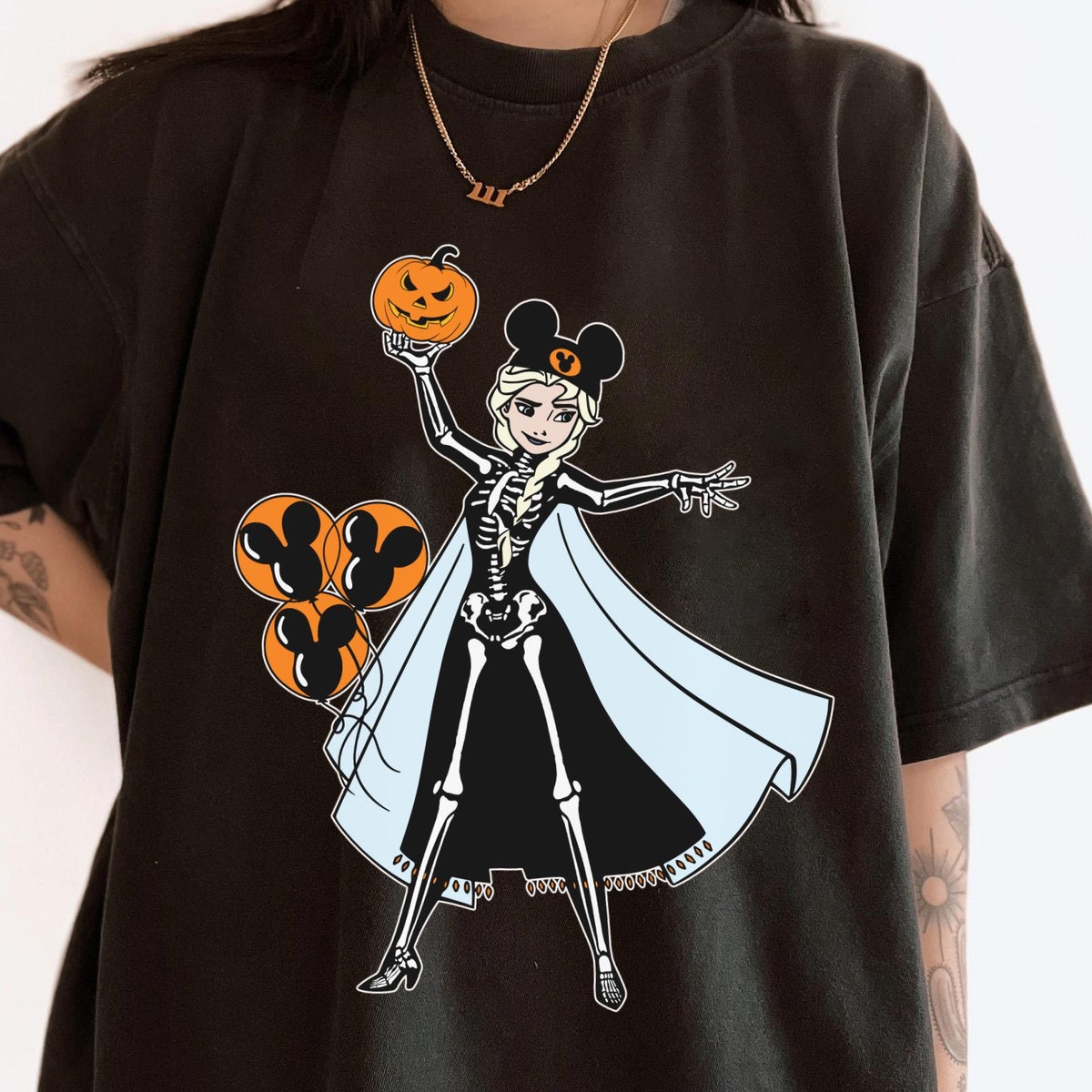 Elsa Princess Skeleton Costume with Halloween Balloon Pumpkin Disney Shirt 6 1