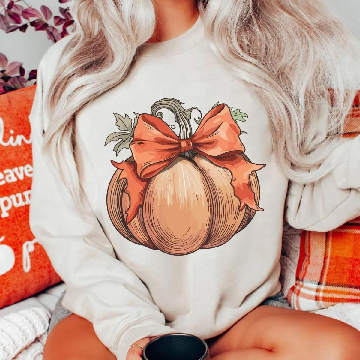 Fall Pumpkin with Coquette Bow Watercolor Halloween Shirt 1