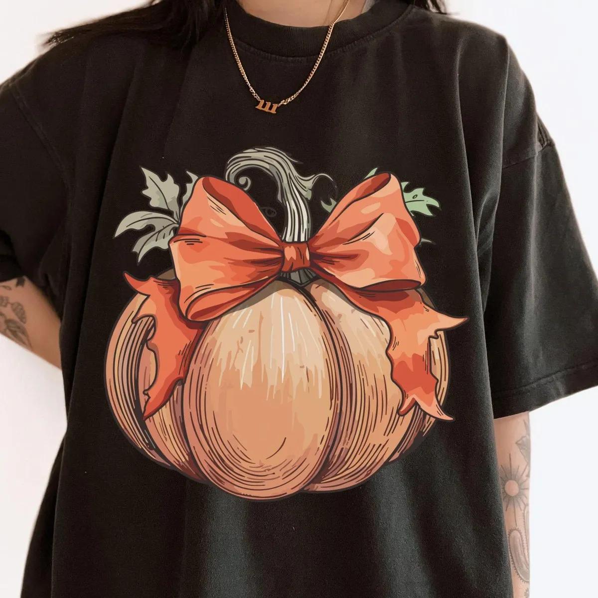 Fall Pumpkin with Coquette Bow Watercolor Halloween Shirt 2