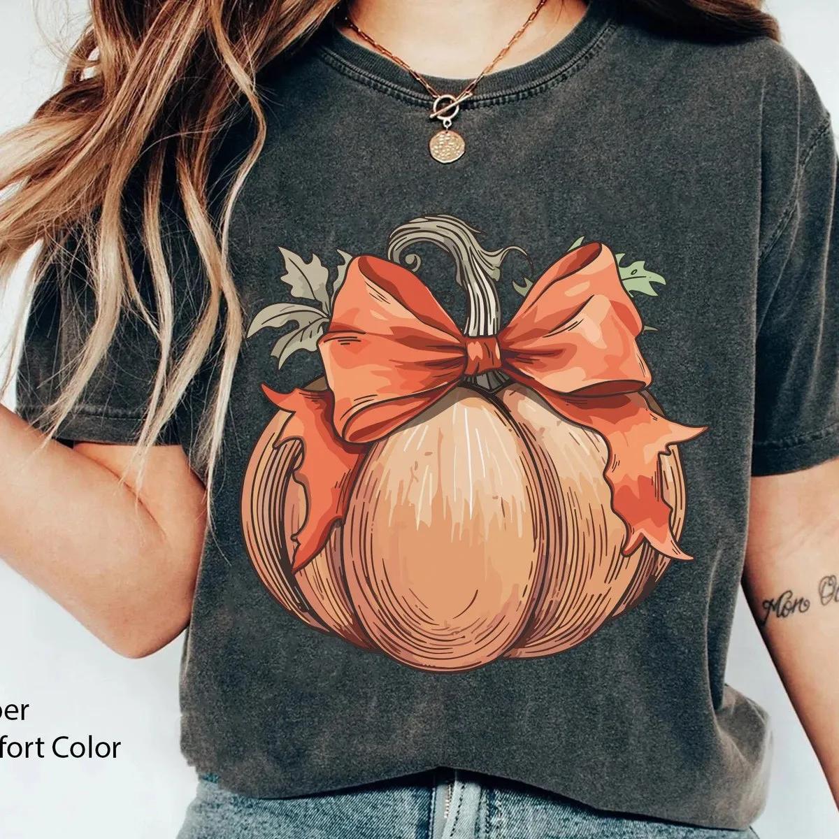 Fall Pumpkin with Coquette Bow Watercolor Halloween Shirt 3