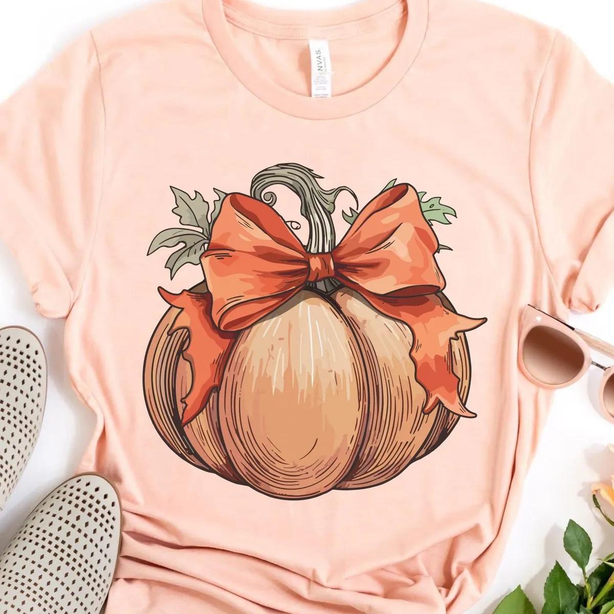 Fall Pumpkin with Coquette Bow Watercolor Halloween Shirt 4