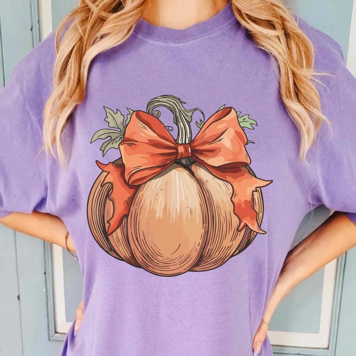 Fall Pumpkin with Coquette Bow Watercolor Halloween Shirt 5