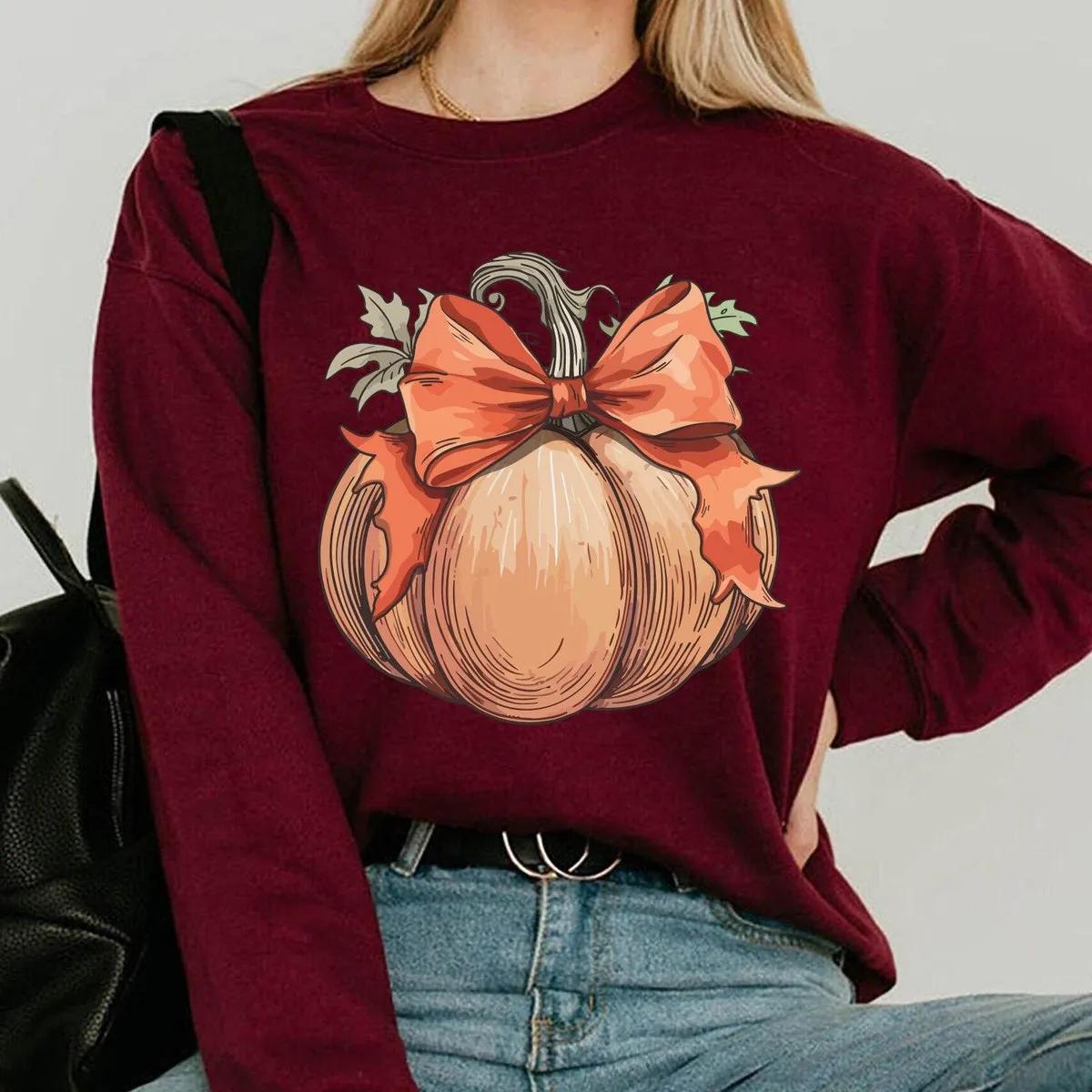 Fall Pumpkin with Coquette Bow Watercolor Halloween Shirt 6