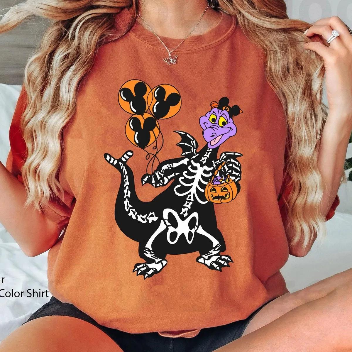 Figment Dragon Skeleton Costume with Halloween Balloon Pumpkin Shirt 4