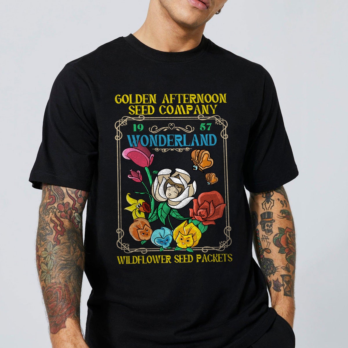 Golden Afternoon 1957 Wonderland Wildflower Seed Packets Alice In Wonderland Shirt 1