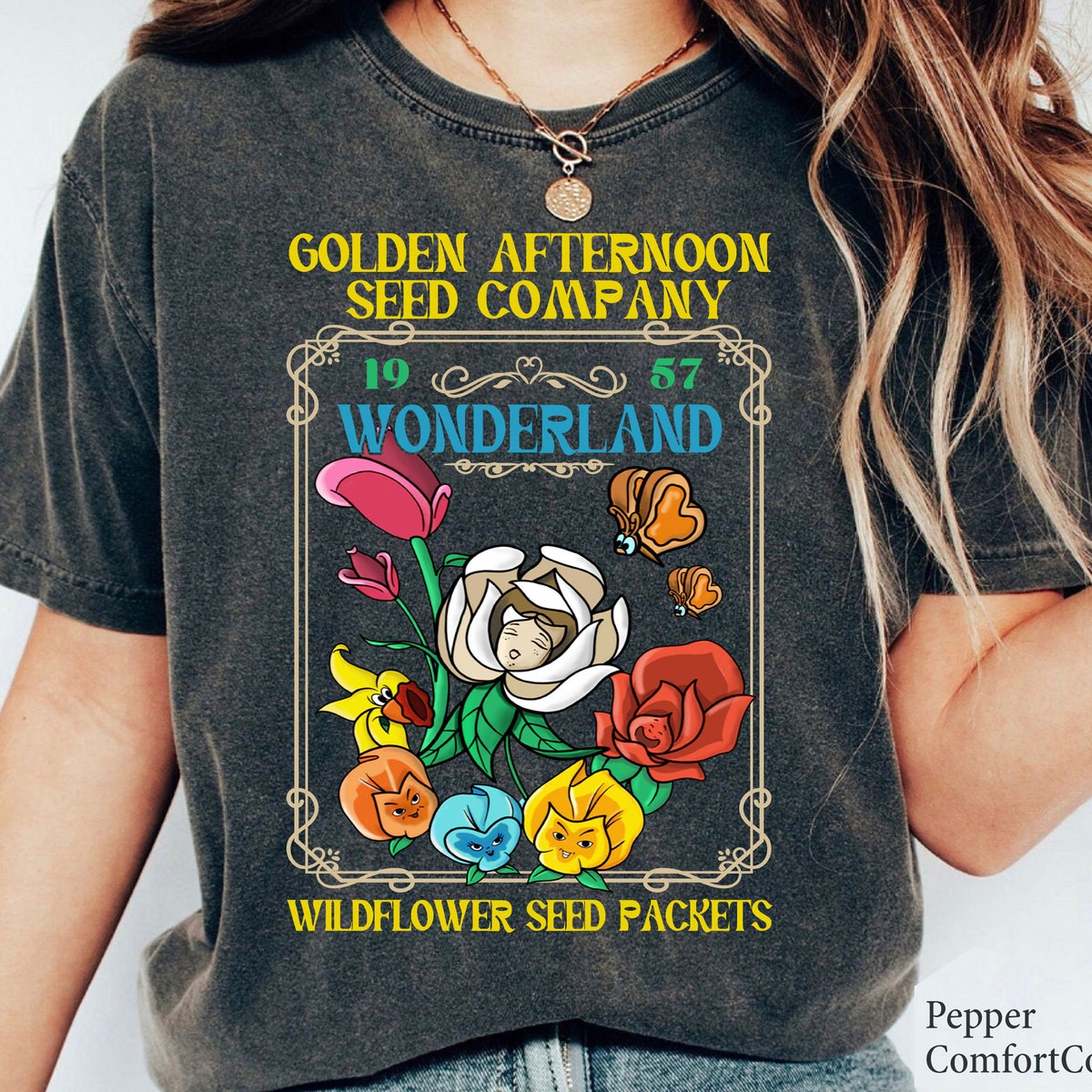 Golden Afternoon 1957 Wonderland Wildflower Seed Packets Alice In Wonderland Shirt 2