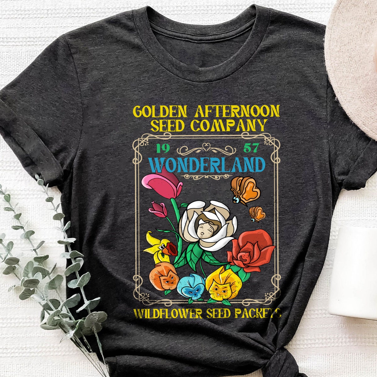 Golden Afternoon 1957 Wonderland Wildflower Seed Packets Alice In Wonderland Shirt 3