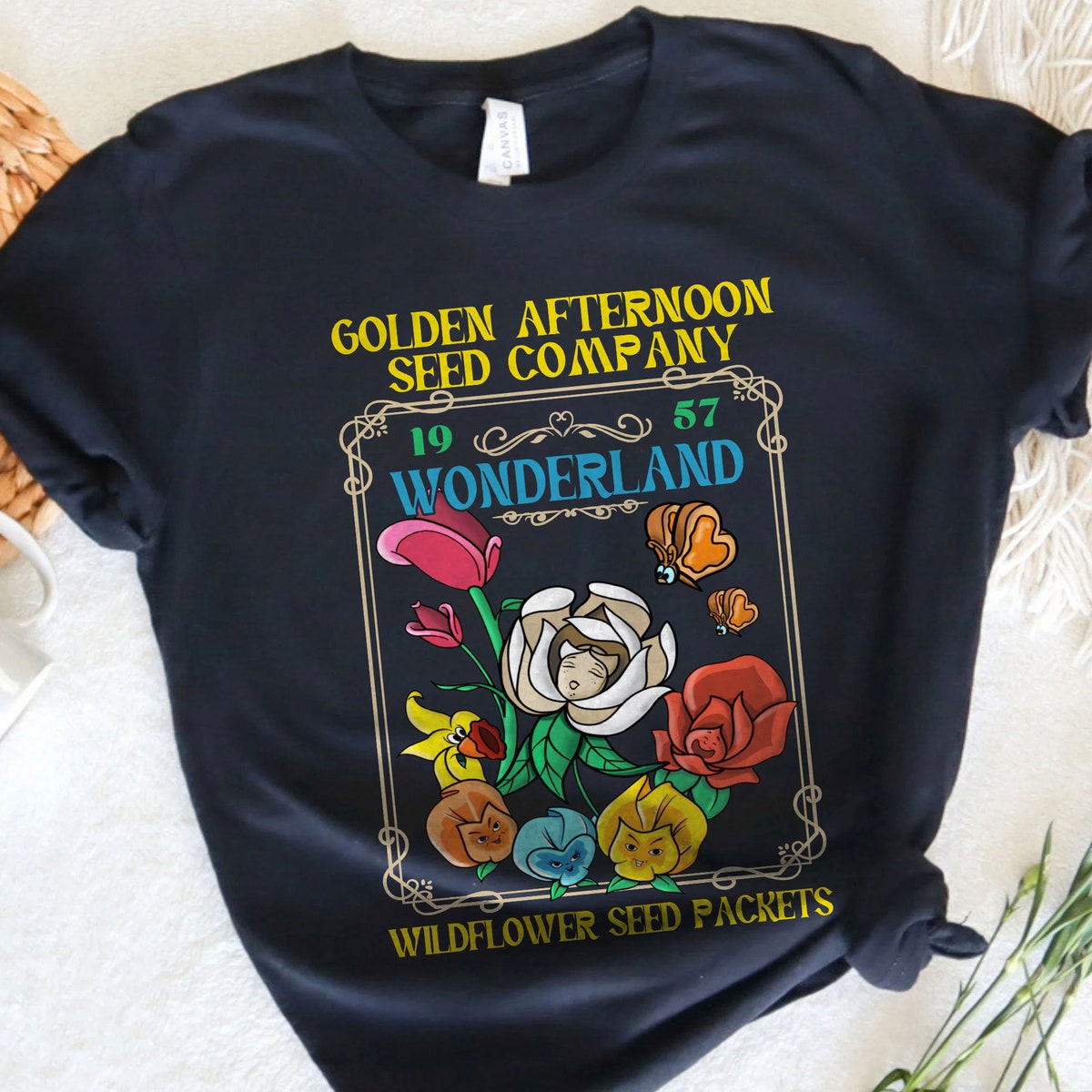 Golden Afternoon 1957 Wonderland Wildflower Seed Packets Alice In Wonderland Shirt 4