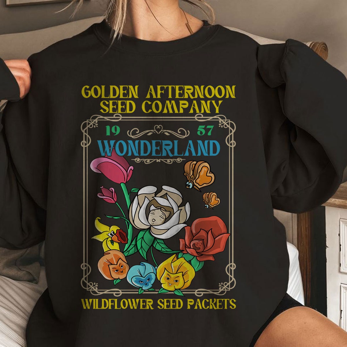 Golden Afternoon 1957 Wonderland Wildflower Seed Packets Alice In Wonderland Shirt 5