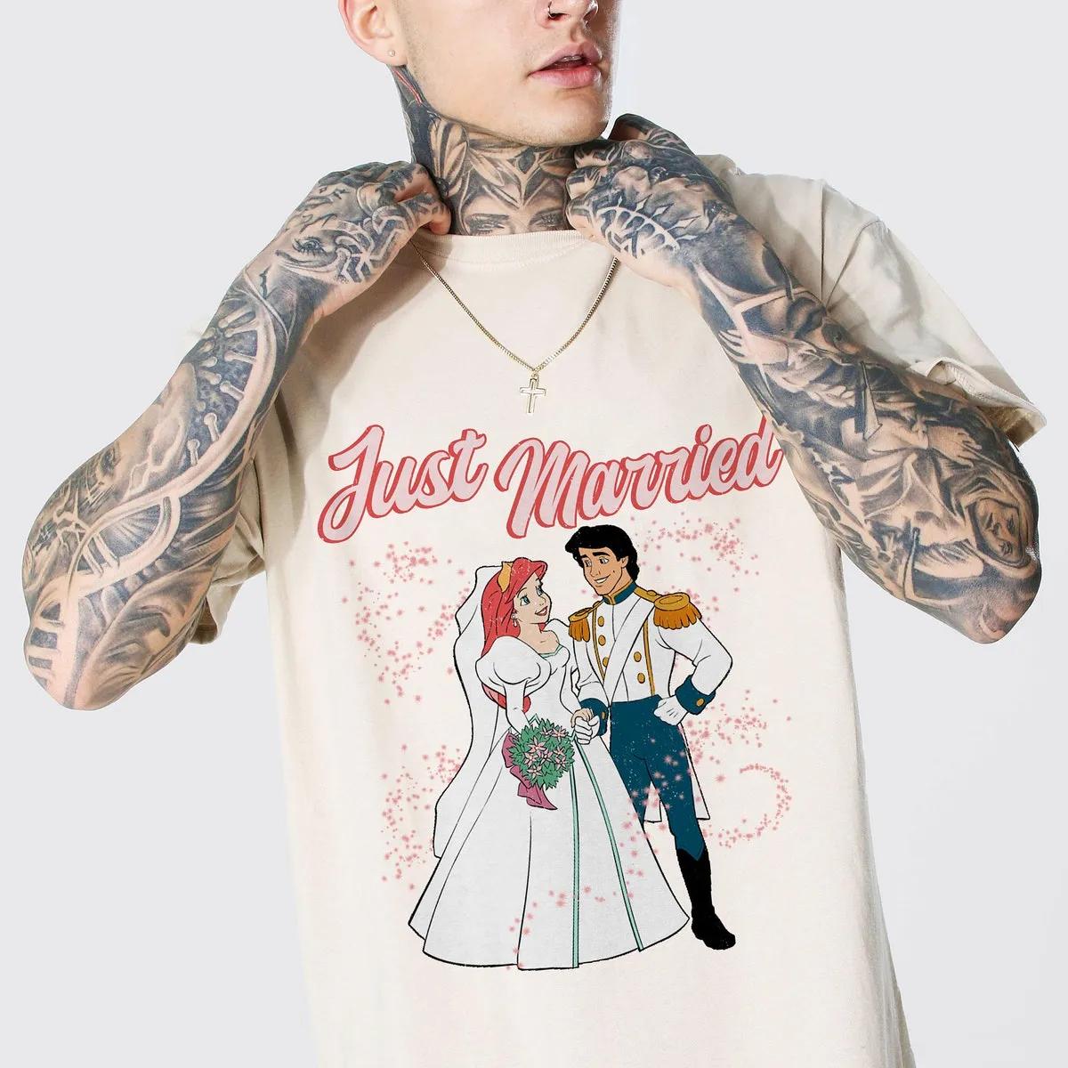 Just Married Princess Ariel and Prince Eric Wedding Party Shirt 4