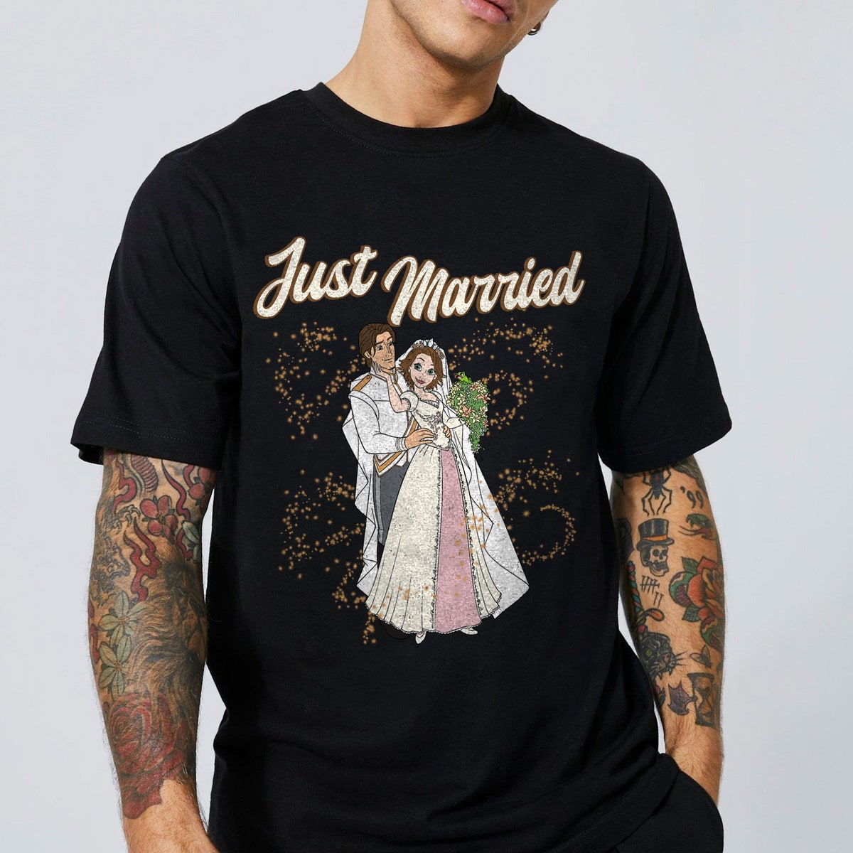 Just Married Princess Rapunzel And Flynn Rider Wedding Party Shirt 3 1