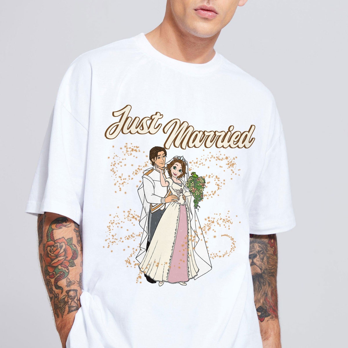 Just Married Princess Rapunzel And Flynn Rider Wedding Party Shirt 5 1