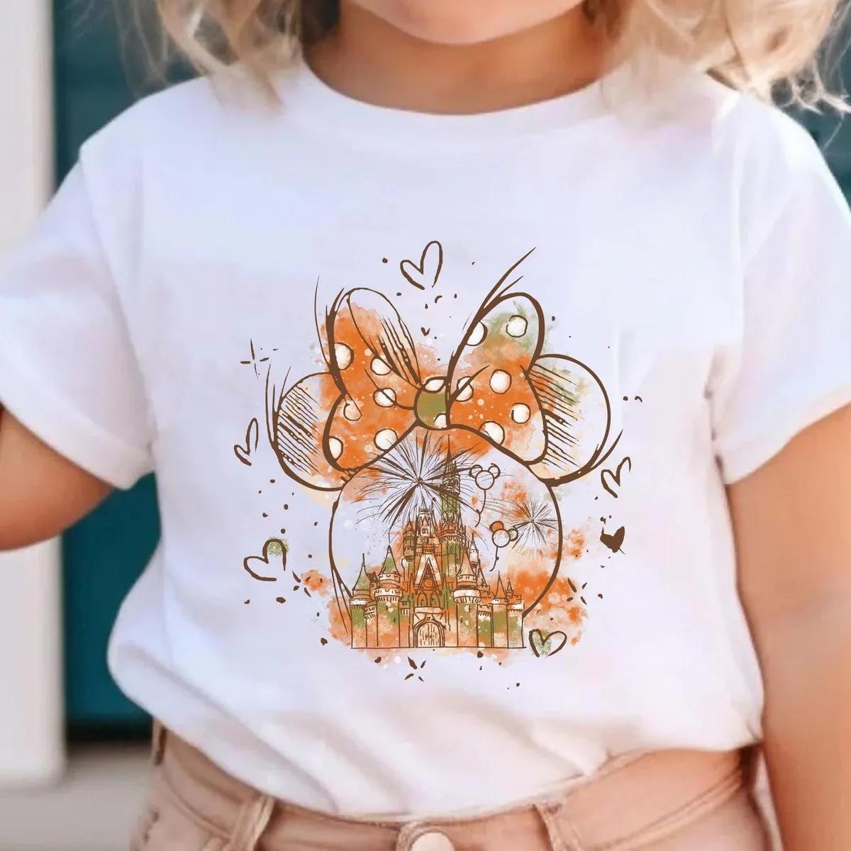 Minnie Mouse Head Disney Watercolor Castle Fall Season Shirt 1