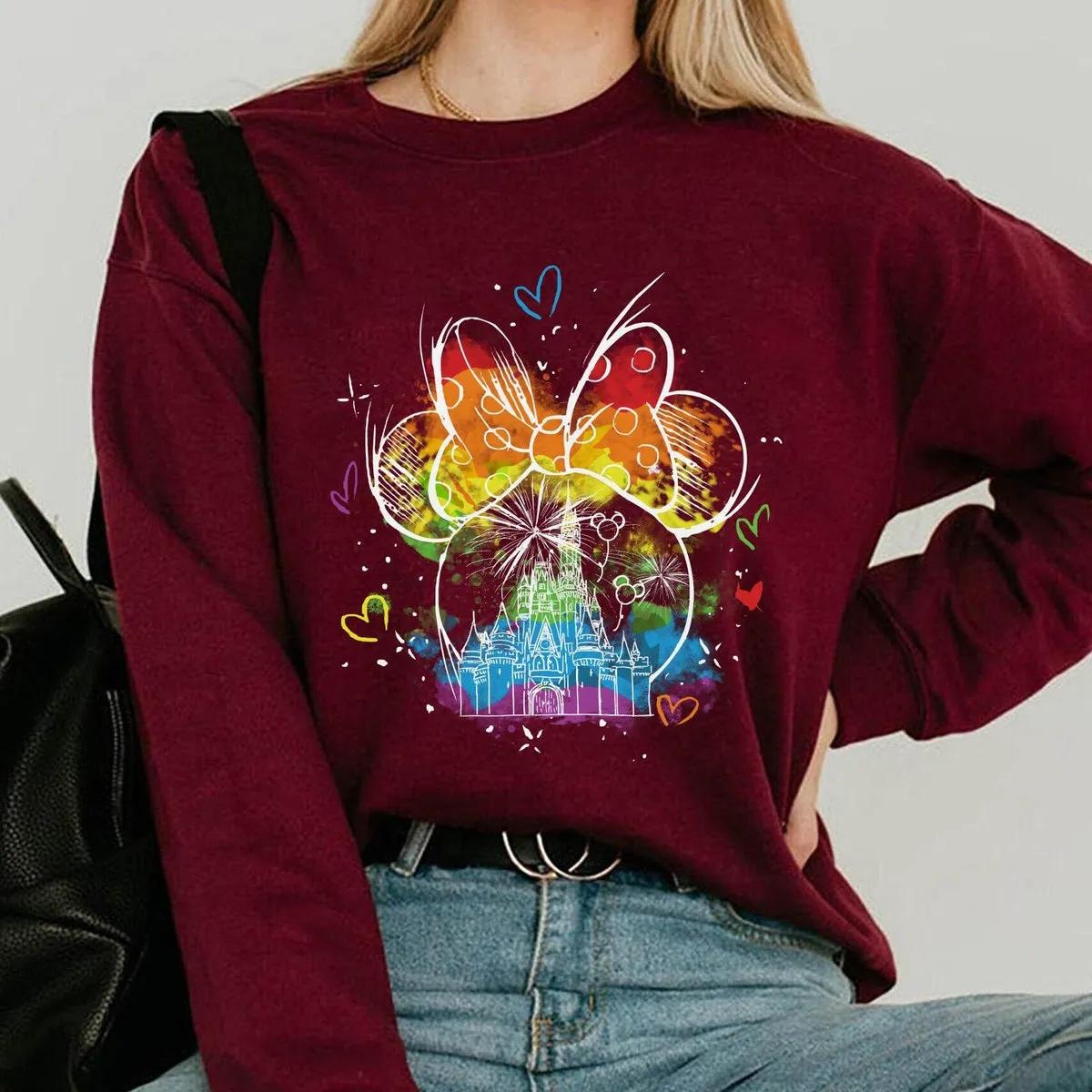 Minnie Mouse Head Disney Watercolor Rainbow Castle Shirt 2