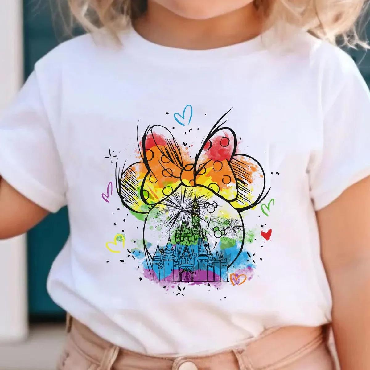 Minnie Mouse Head Disney Watercolor Rainbow Castle Shirt 3