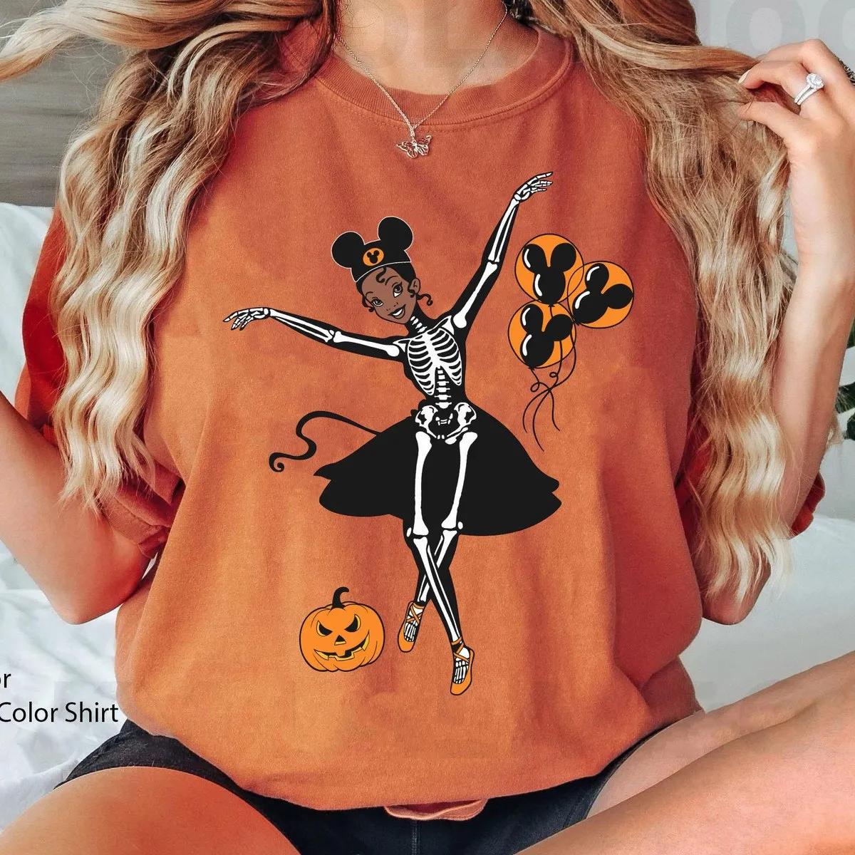 Tiana Princess Skeleton Costume with Halloween Balloon Pumpkin Shirt 2