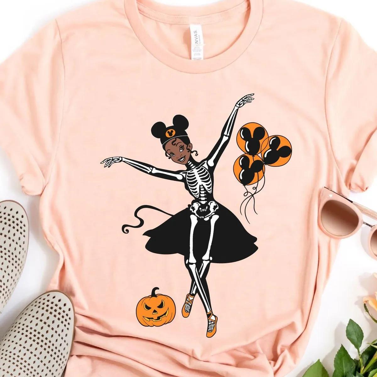 Tiana Princess Skeleton Costume with Halloween Balloon Pumpkin Shirt 3