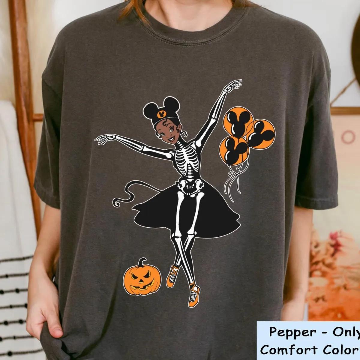 Tiana Princess Skeleton Costume with Halloween Balloon Pumpkin Shirt 4